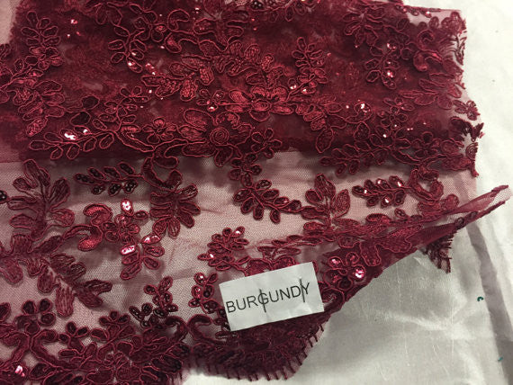 Lace Fabric -Burgundy French Corded Flower Sequins Mesh Bridal Wedding