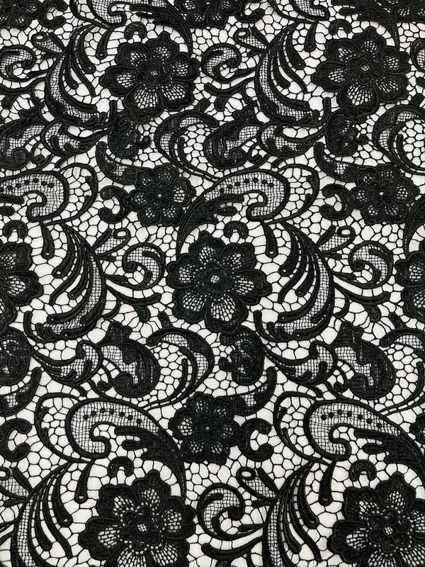 Fabric Sold by the Yard Black Guipure Lace Floral Flowers Heavy