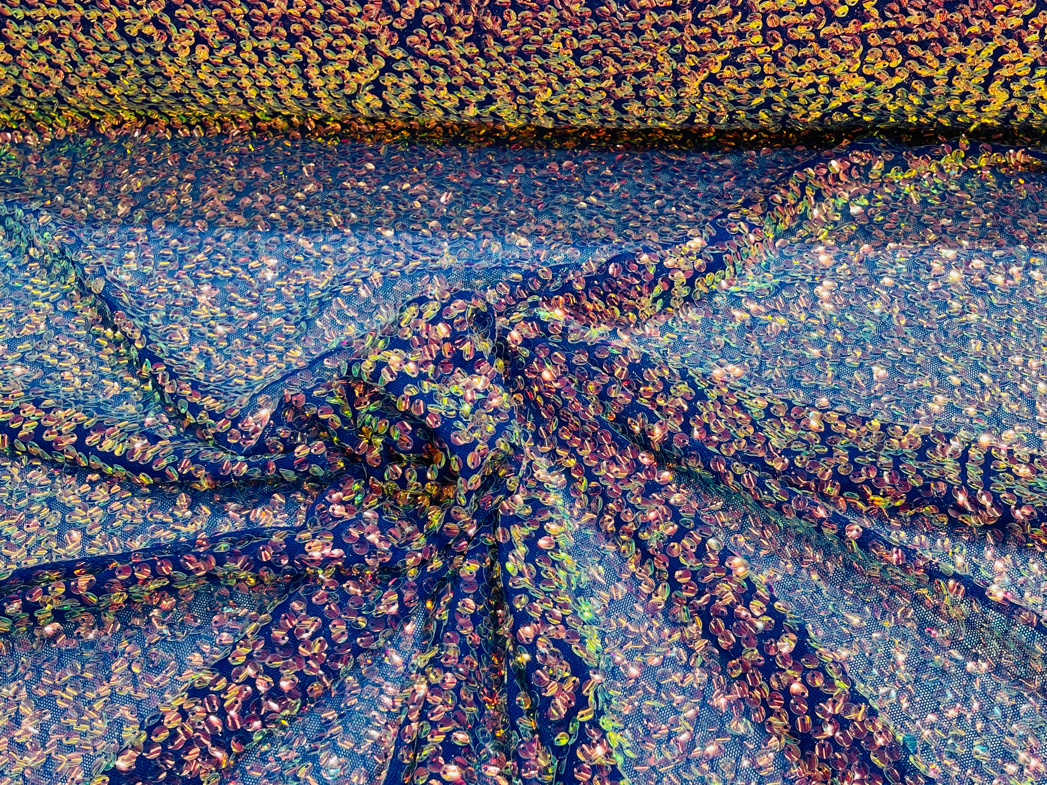 New Iridescent Clear Sequin Fabric Embroidery On Royal Blue Power Mesh