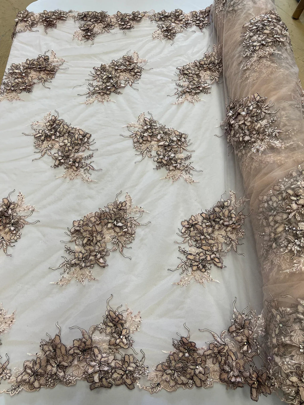 3D Floral Clusters with Rhinestone - Light Brown Black Thread Embroidered Flowers Beads On Lace Yard