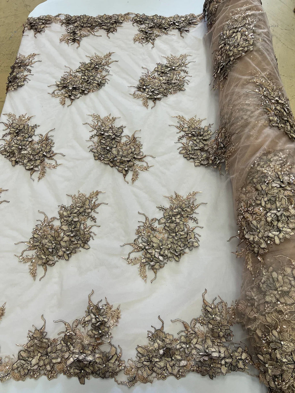 3D Floral Clusters with Rhinestone - Dark Nude Black Thread Embroidered Flowers Beads On Lace Yard