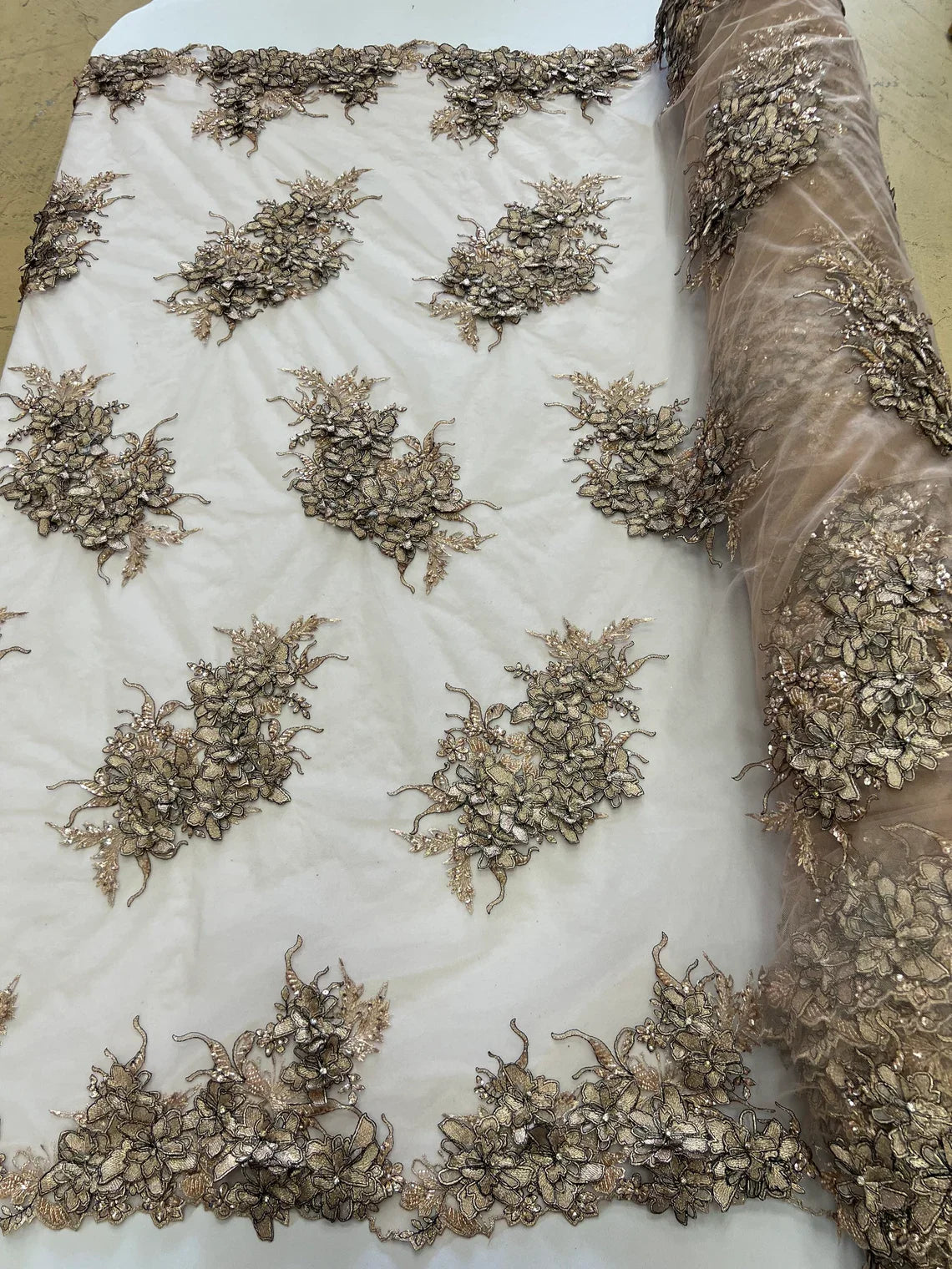 3D Floral Clusters with Rhinestone - Dark Nude Black Thread Embroidered Flowers Beads On Lace Yard