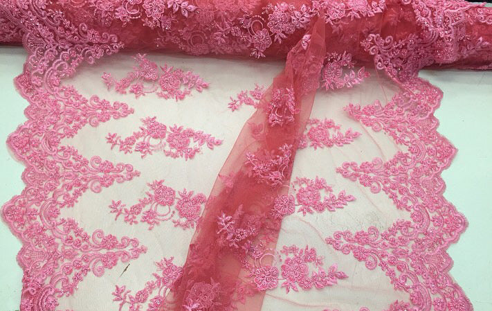 Beaded Rose Flower Fabric - Candy Pink - Embroidered Beaded Long Border Floral Fabric By Yard