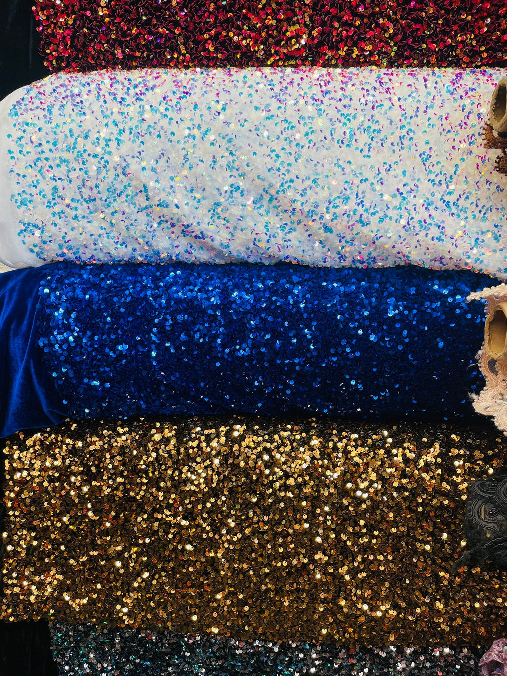 Rose Gold Velvet Stretch Sequins - Sequins on 2 Way Stretch Velvet Fabric 58/60”