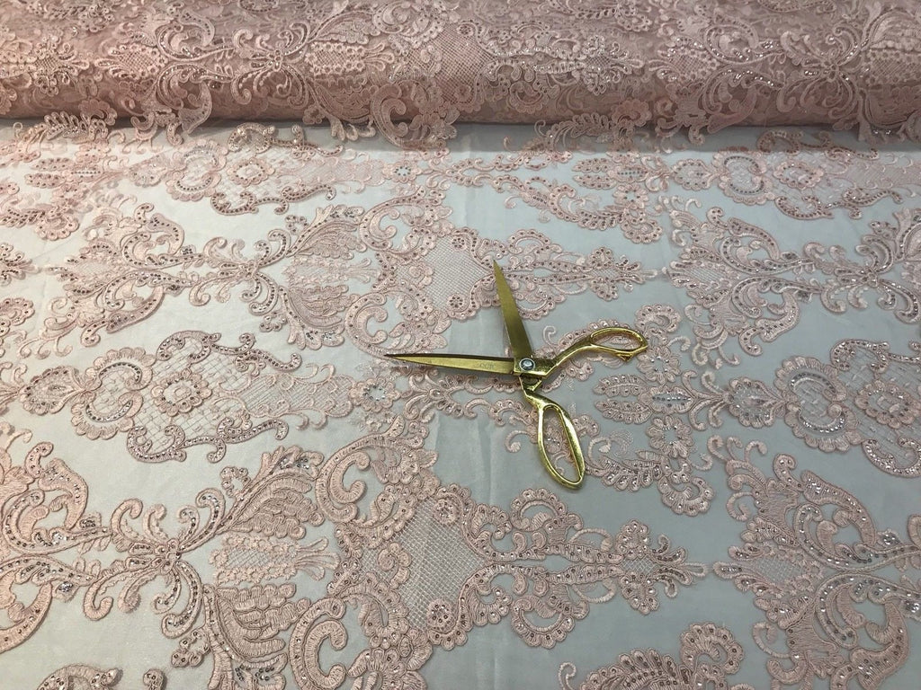 Floral - Pink - Embroided Lace Fabric Damask Pattern - Beautiful Fabrics Sold by The Yard
