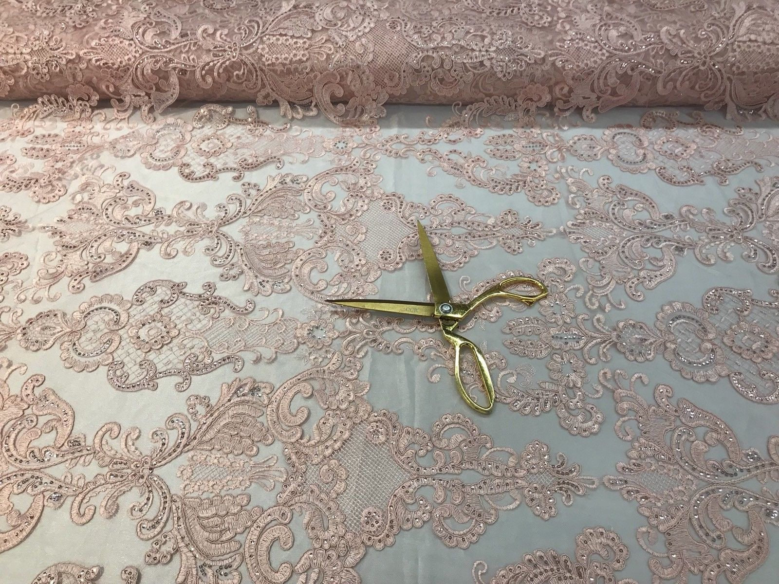 Floral - Pink - Embroided Lace Fabric Damask Pattern - Beautiful Fabrics Sold by The Yard