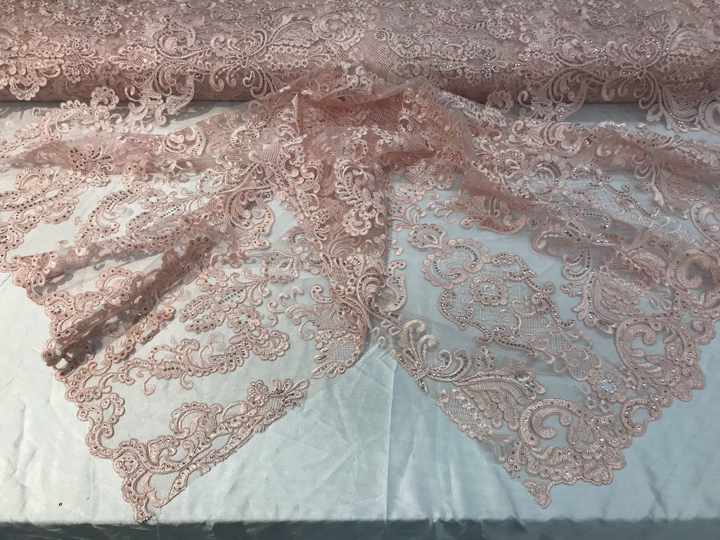 Floral - Pink - Embroided Lace Fabric Damask Pattern - Beautiful Fabrics Sold by The Yard