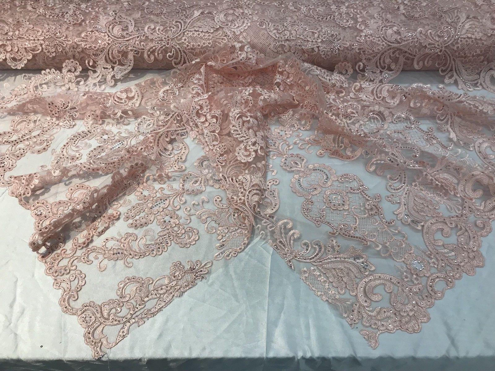 Floral - Pink - Embroided Lace Fabric Damask Pattern - Beautiful Fabrics Sold by The Yard