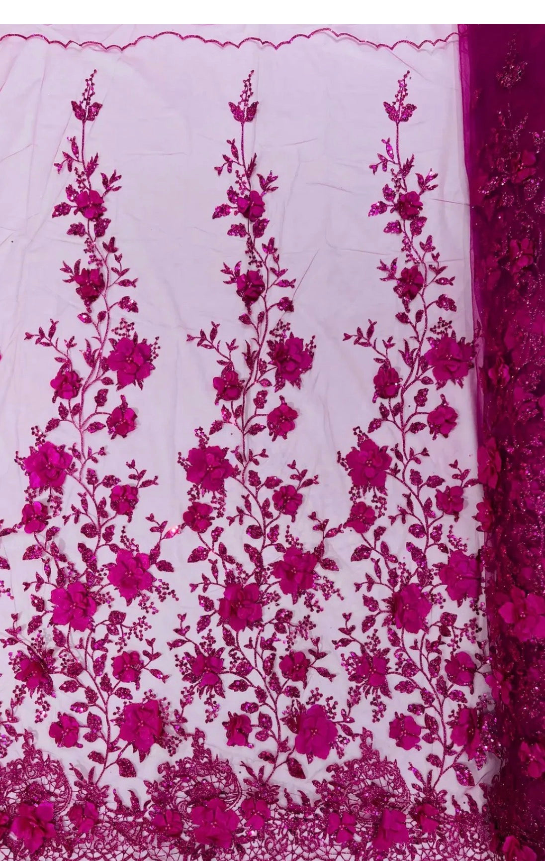 3D Flower Glitter Fabric - Fuchsia - Floral Glitter Sequin Design on Lace Mesh Fabric by Yard (Copy)