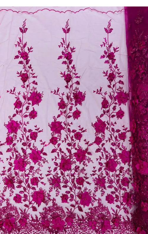 3D Flower Glitter Fabric - Fuchsia - Floral Glitter Sequin Design on Lace Mesh Fabric by Yard (Copy)