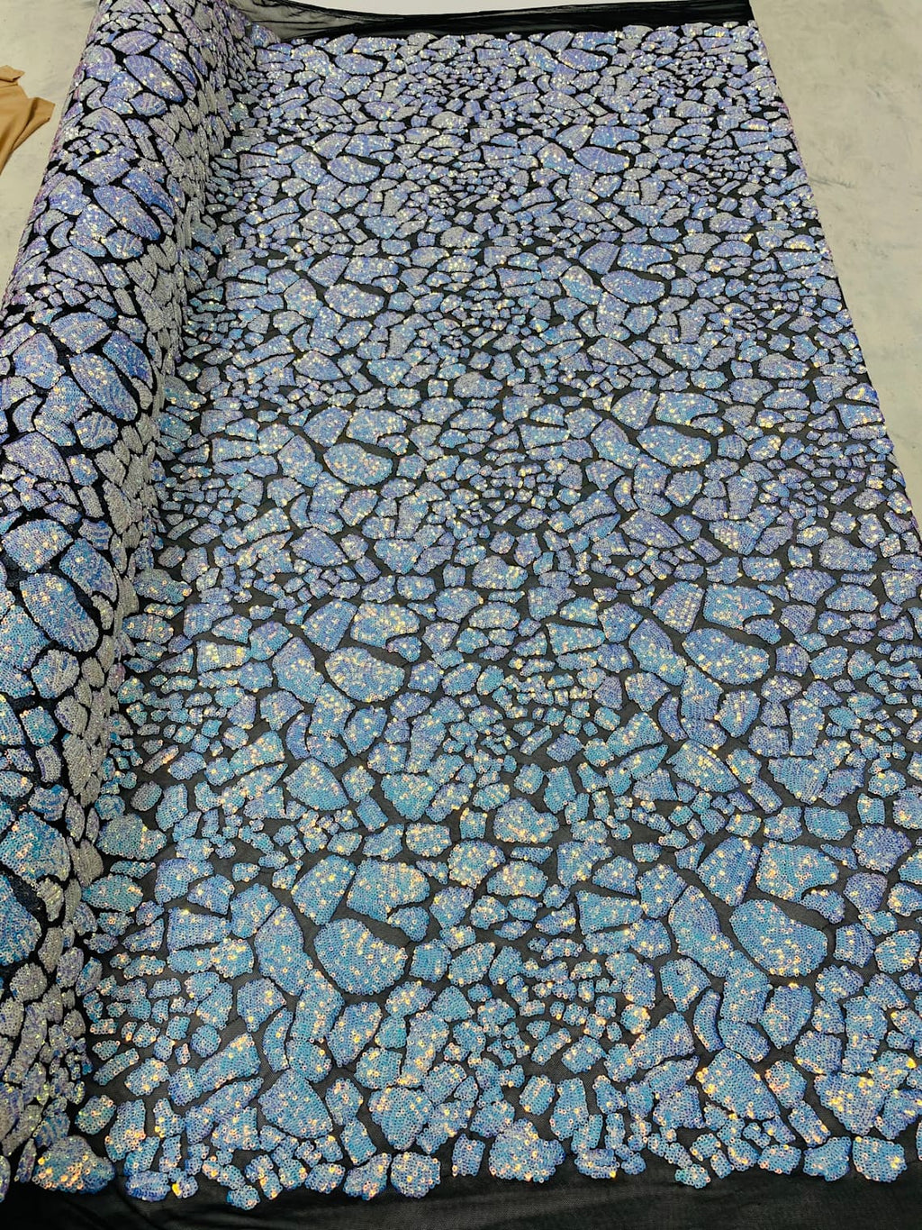 2 Way Stretch Fabric - Irridescent Aqua - Print Design Fashion Sequins Mesh Fabric