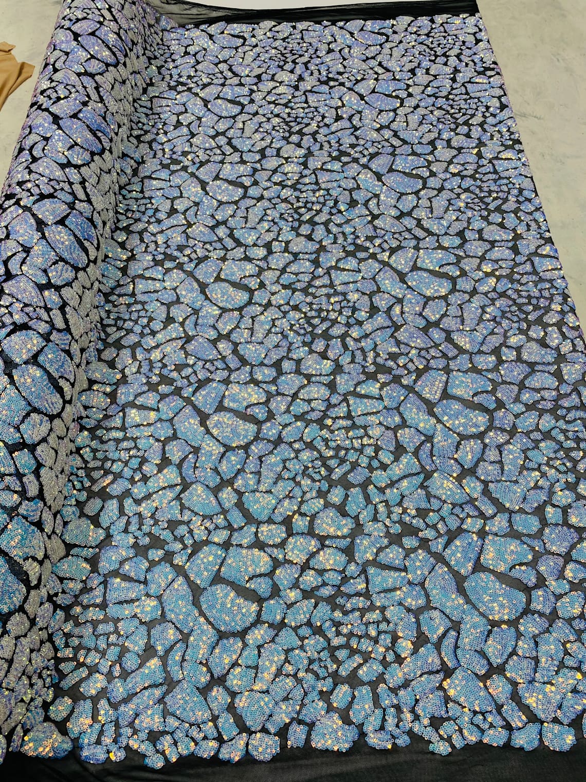 2 Way Stretch Fabric - Irridescent Aqua - Print Design Fashion Sequins Mesh Fabric