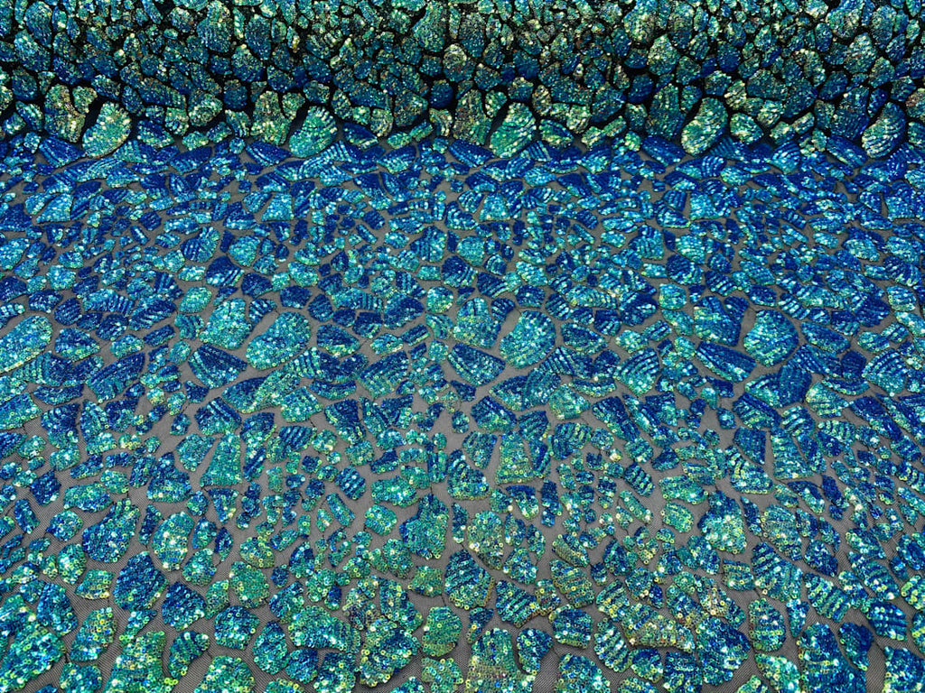 2 Way Stretch Fabric - Irridescent Blue Green - Print Design Fashion Sequins Mesh Fabric