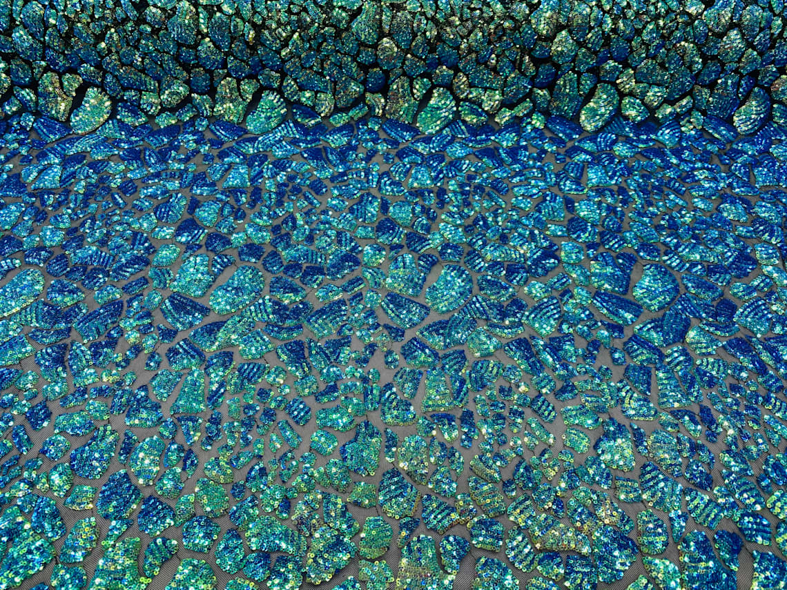 2 Way Stretch Fabric - Irridescent Blue Green - Print Design Fashion Sequins Mesh Fabric