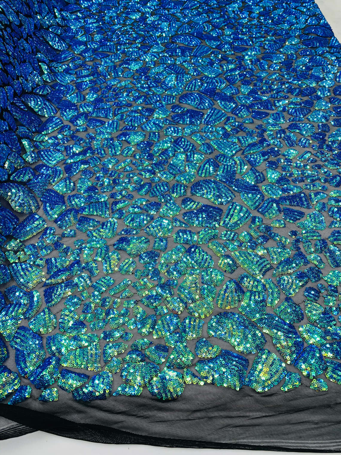 2 Way Stretch Fabric - Irridescent Blue Green - Print Design Fashion Sequins Mesh Fabric