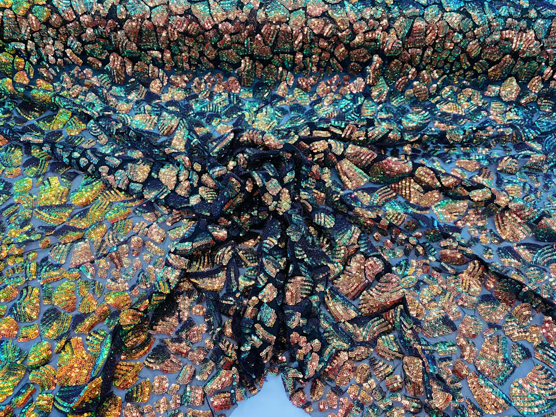 2 Way Stretch Fabric - Irridescent Orange - Print Design Fashion Sequins Mesh Fabric
