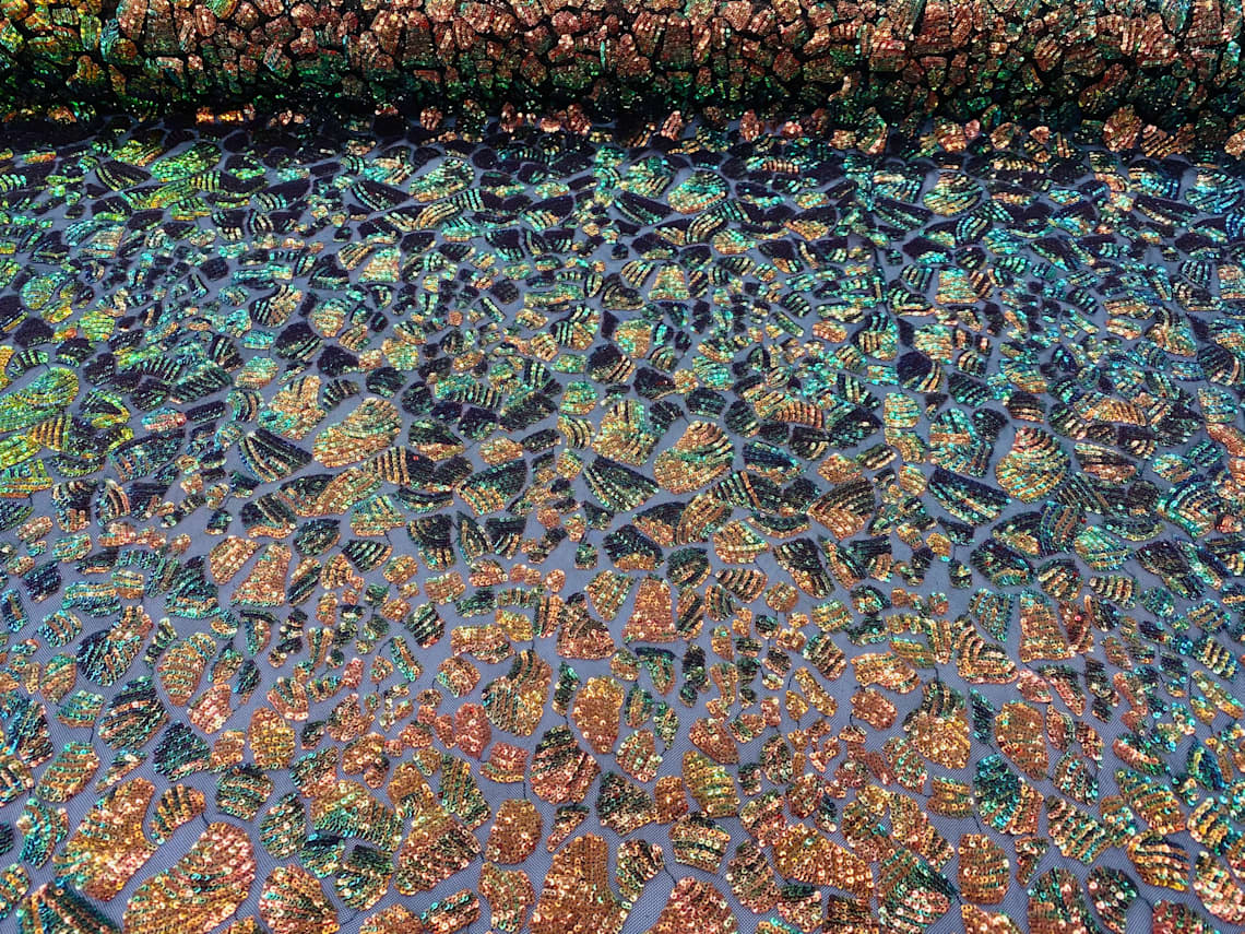 2 Way Stretch Fabric - Irridescent Orange - Print Design Fashion Sequins Mesh Fabric