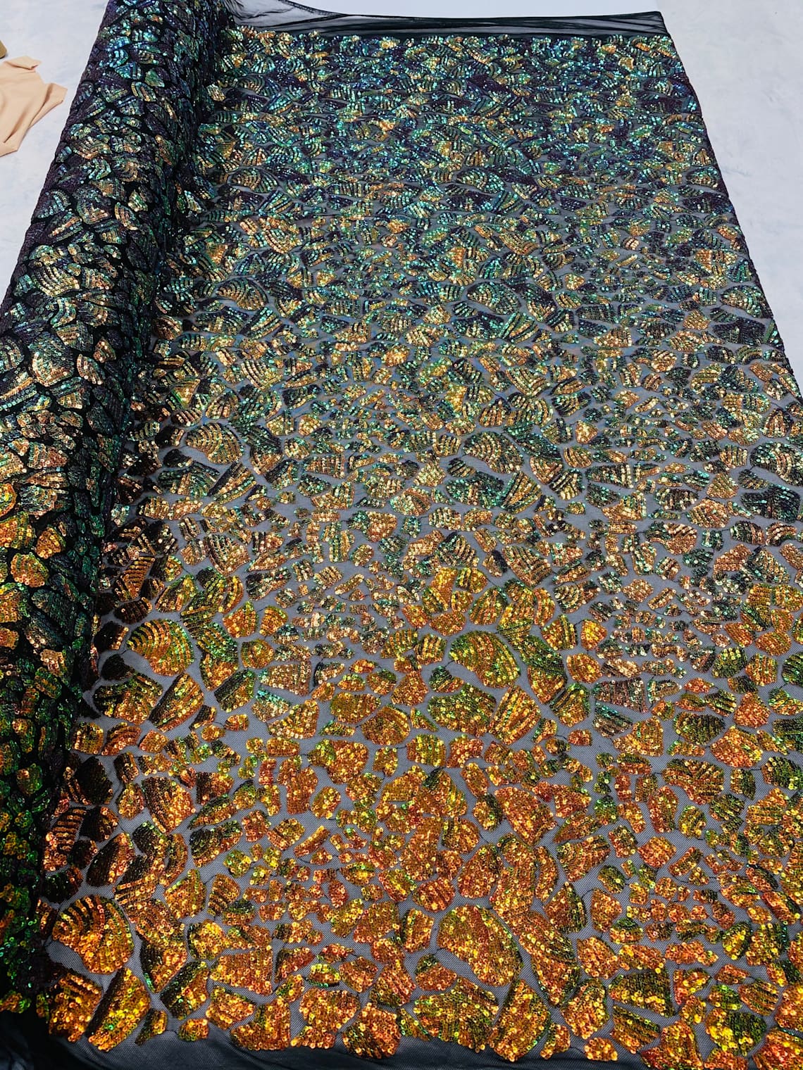 2 Way Stretch Fabric - Irridescent Orange - Print Design Fashion Sequins Mesh Fabric