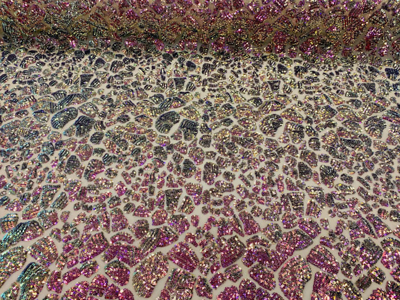 2 Way Stretch Fabric - Irridescent Purple - Print Design Fashion Sequins Mesh Fabric