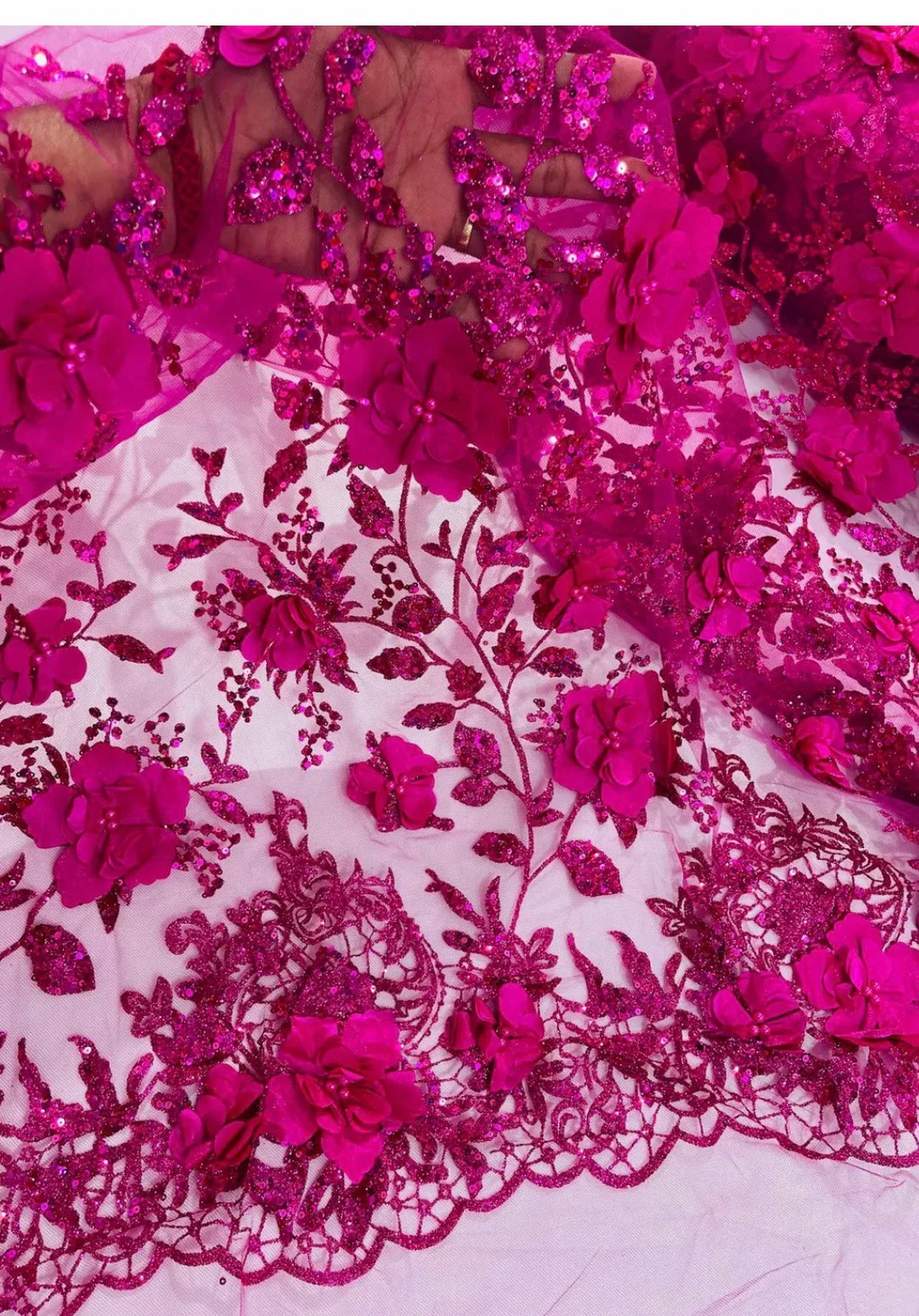 3D Flower Glitter Fabric - Fuchsia - Floral Glitter Sequin Design on Lace Mesh Fabric by Yard (Copy)