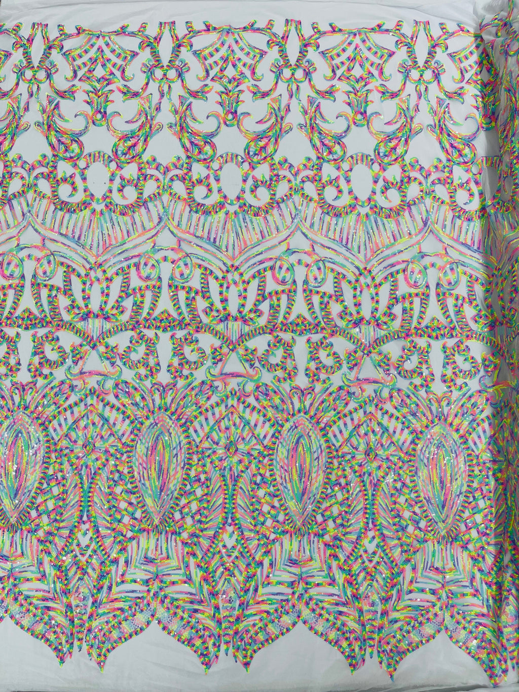 Multi Color Iridescent - White Mesh 4 Way Stretch Embroidered Royalty Sequins Design Fabric By Yard