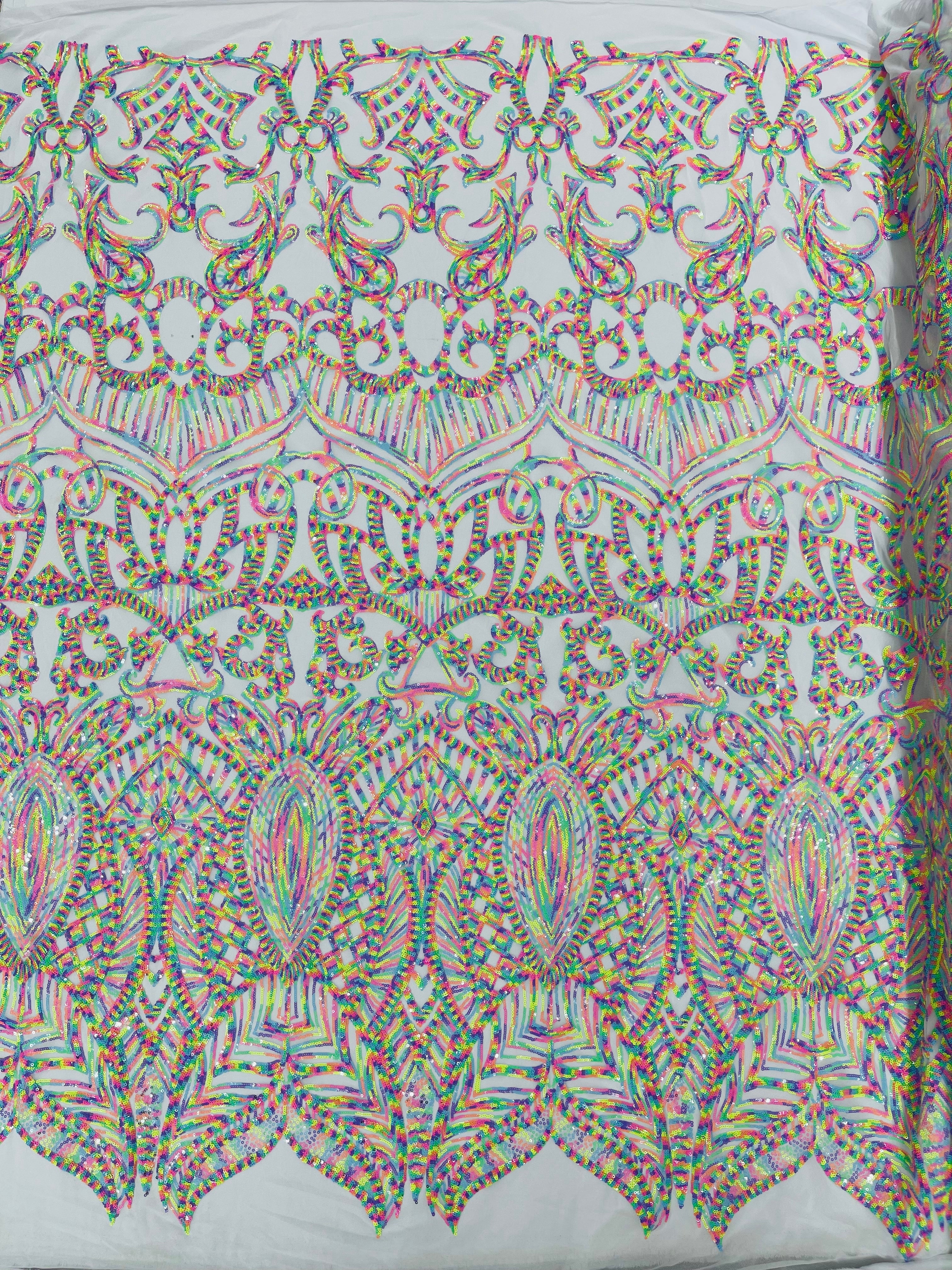 Multi Color Iridescent - White Mesh 4 Way Stretch Embroidered Royalty Sequins Design Fabric By Yard