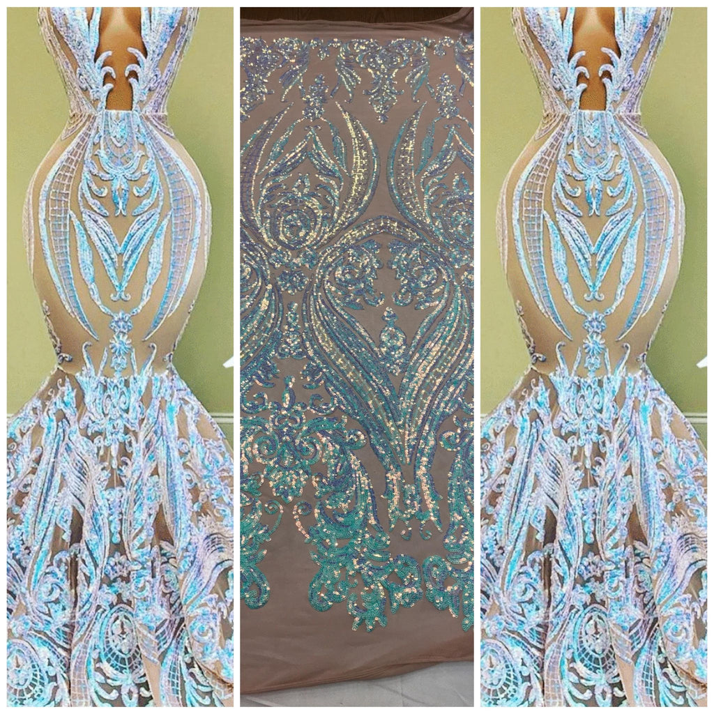 Big Damask Sequins Fabric - Iridescent Aqua - 4 Way Stretch Damask Sequins Design Fabric By Yard