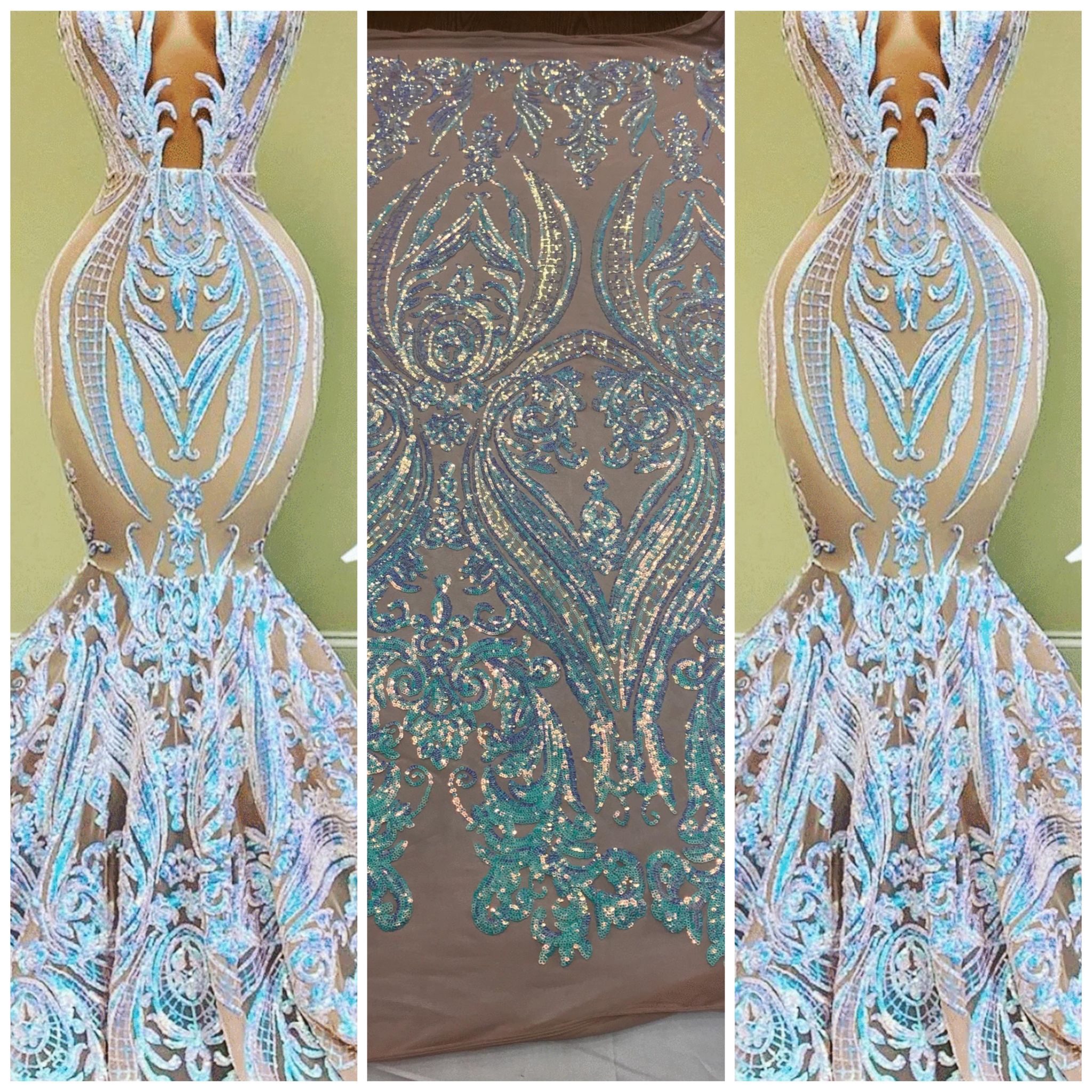 Big Damask Sequins Fabric - Iridescent Aqua - 4 Way Stretch Damask Sequins Design Fabric By Yard