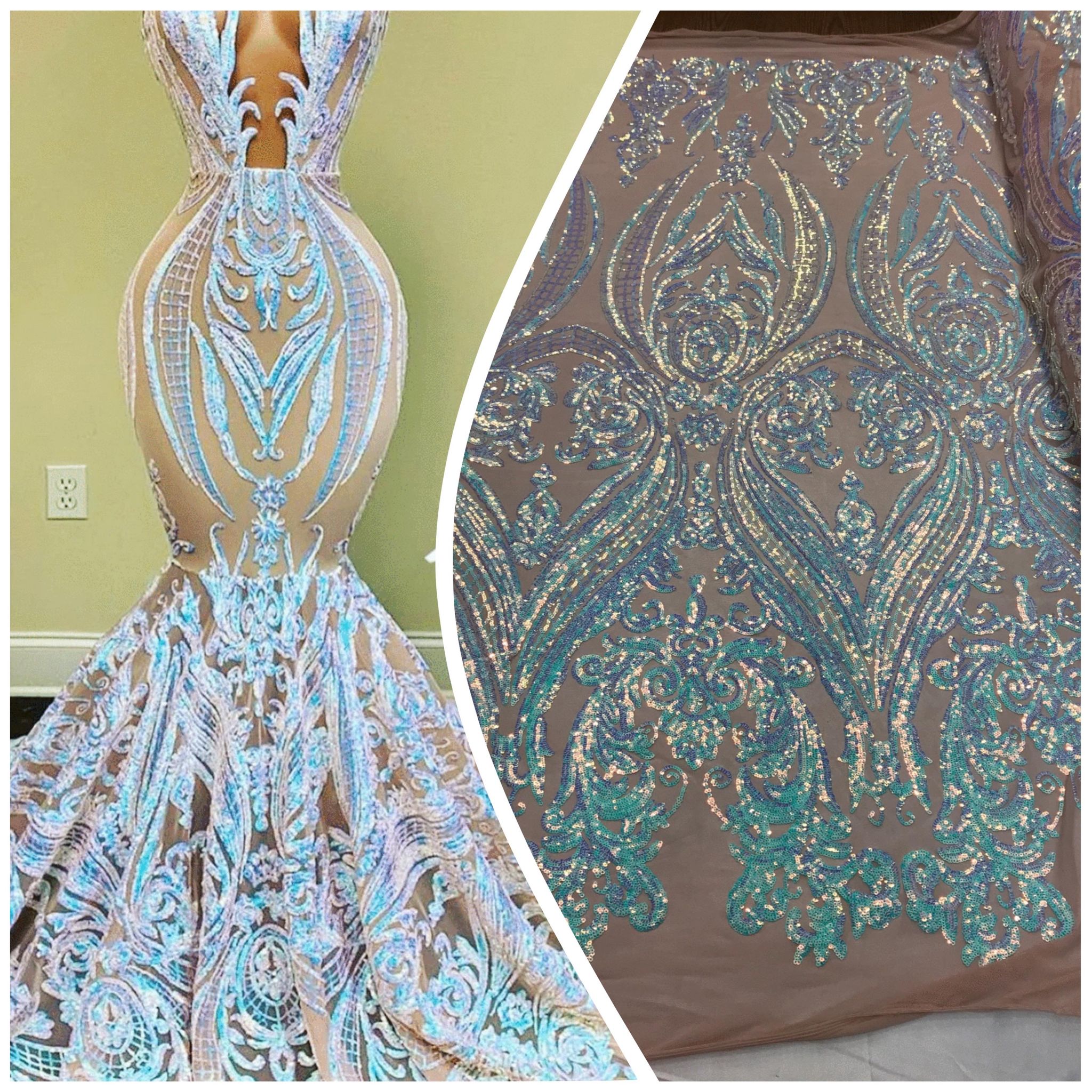 Big Damask Sequins Fabric - Iridescent Aqua - 4 Way Stretch Damask Sequins Design Fabric By Yard