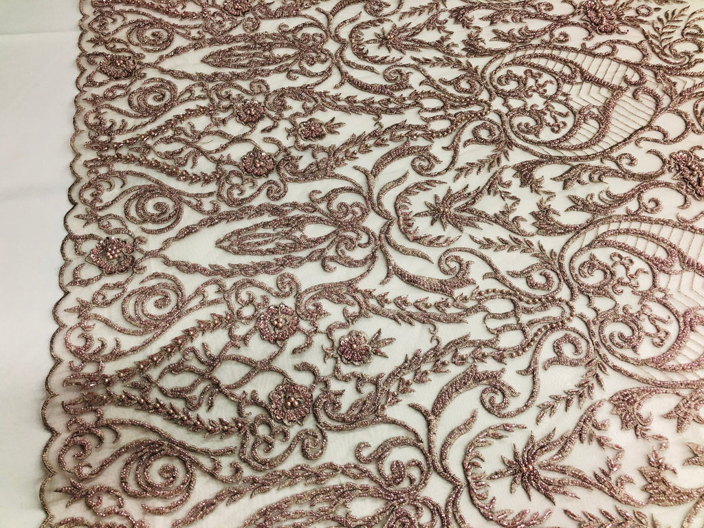 Glam Damask Beaded Fabric - Rose Gold - Embroidered Elegant Fashion Fabric with Beads on Mesh