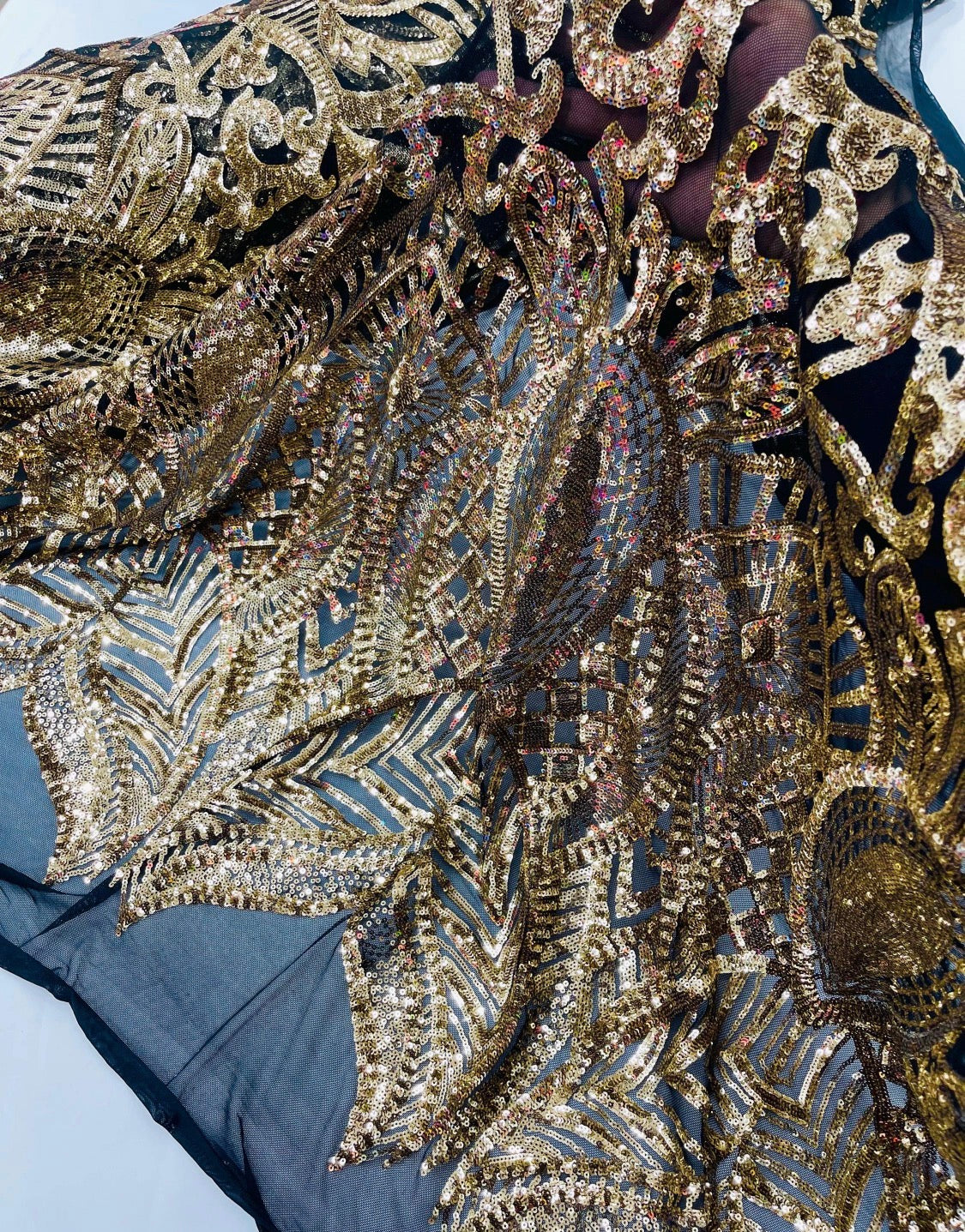 Gold Sequins on Black mesh Royalty Design 4 Way Stretch Sequins Fabric By The Yard