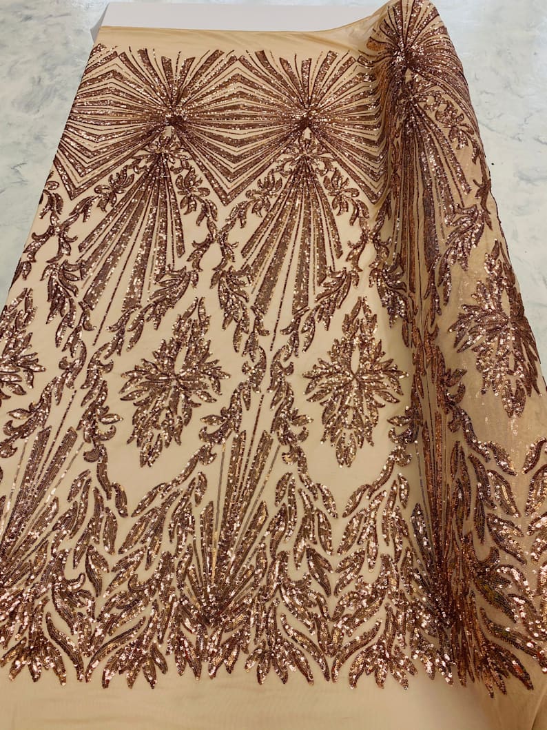 4 Way Stretch Fabric - Rose Gold - Elegant Design Sequins Fashion on Spandex Mesh