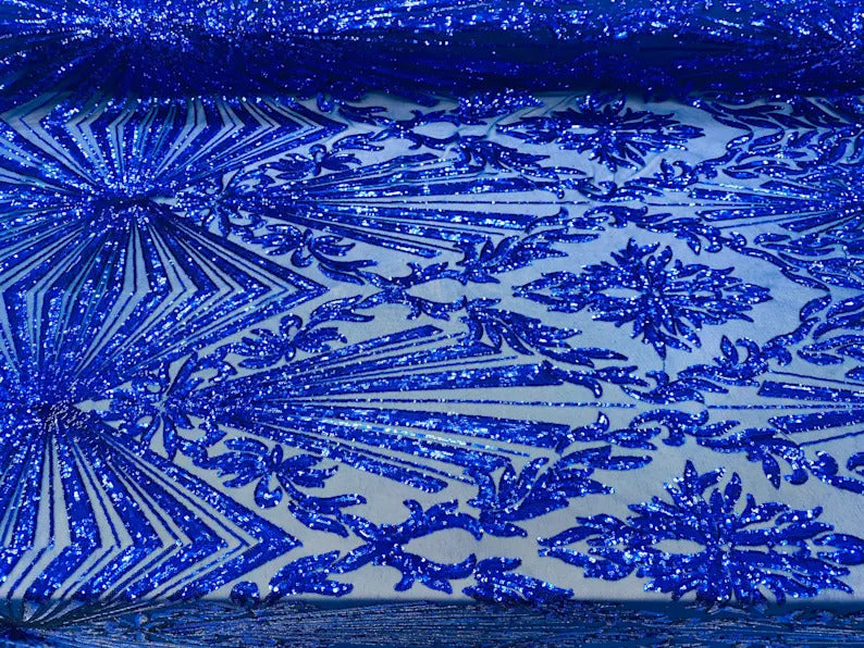 4 Way Stretch Fabric - Royal Blue - Elegant Design Sequins Fashion on Spandex Mesh