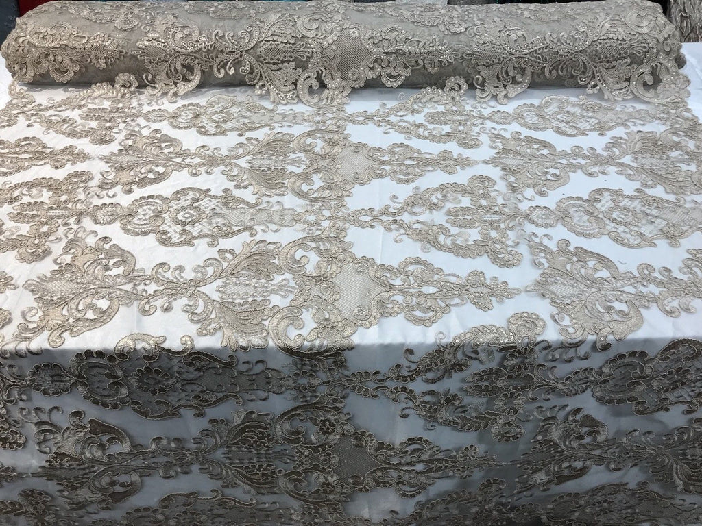 Floral - Taupe - Embroided Lace Fabric Damask Pattern - Beautiful Fabrics Sold by The Yard