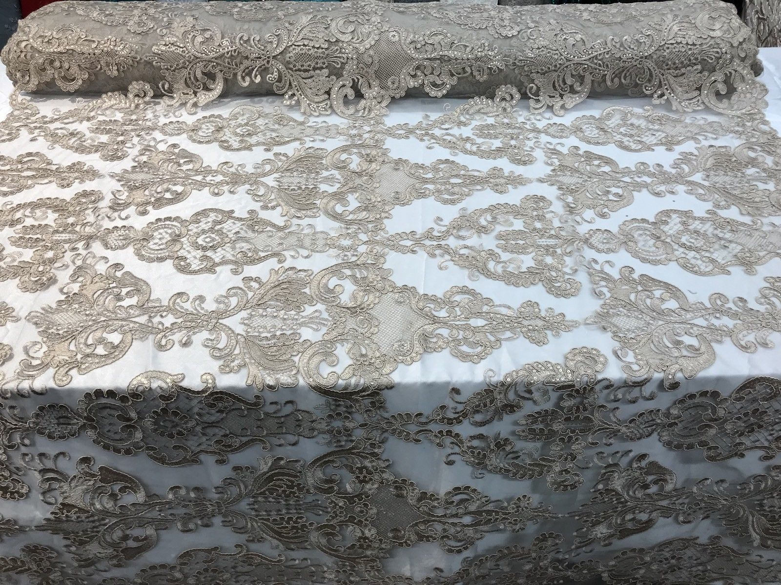Floral - Taupe - Embroided Lace Fabric Damask Pattern - Beautiful Fabrics Sold by The Yard
