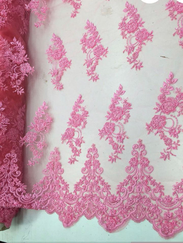 Beaded Rose Flower Fabric - Candy Pink - Embroidered Beaded Long Border Floral Fabric By Yard