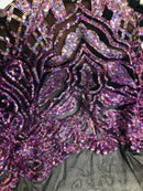 Holographic Sequin Fabric - 4 Way Stretch Sequins Design on Black Mesh By Yard