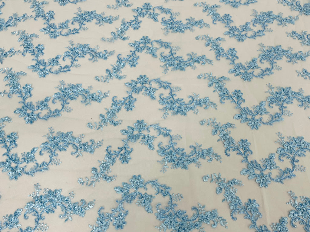 Blue Wedding Dress - French Sequin Flower Design On Mesh Lace Fabric Sold By Yard