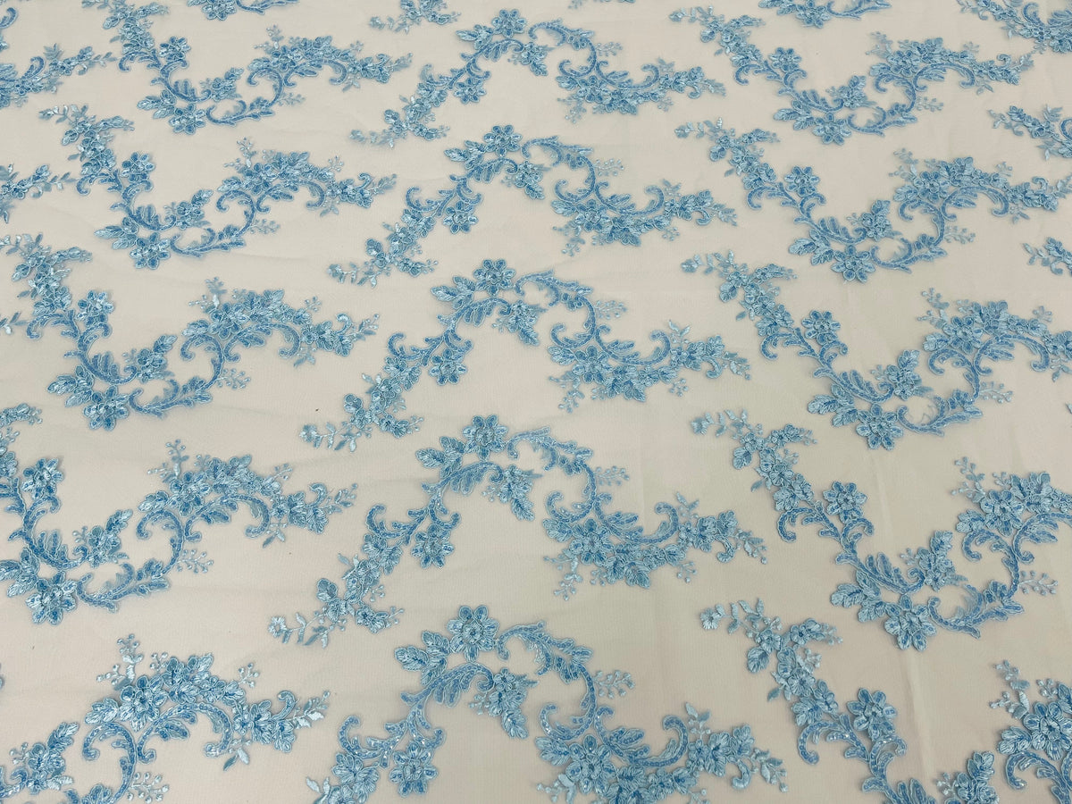 Blue Wedding Dress - French Sequin Flower Design On Mesh Lace Fabric Sold By Yard