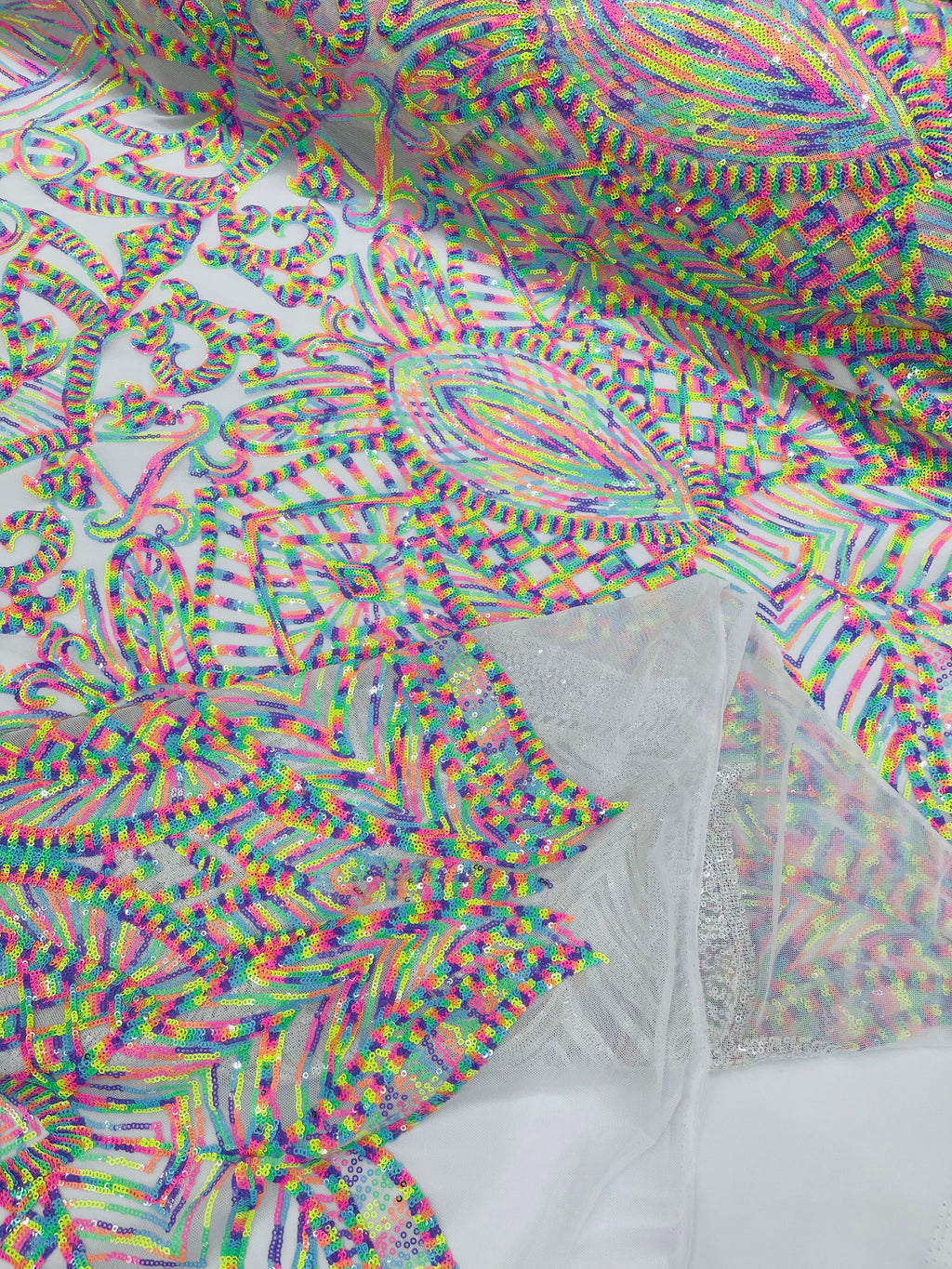 Multi Color Iridescent - White Mesh 4 Way Stretch Embroidered Royalty Sequins Design Fabric By Yard