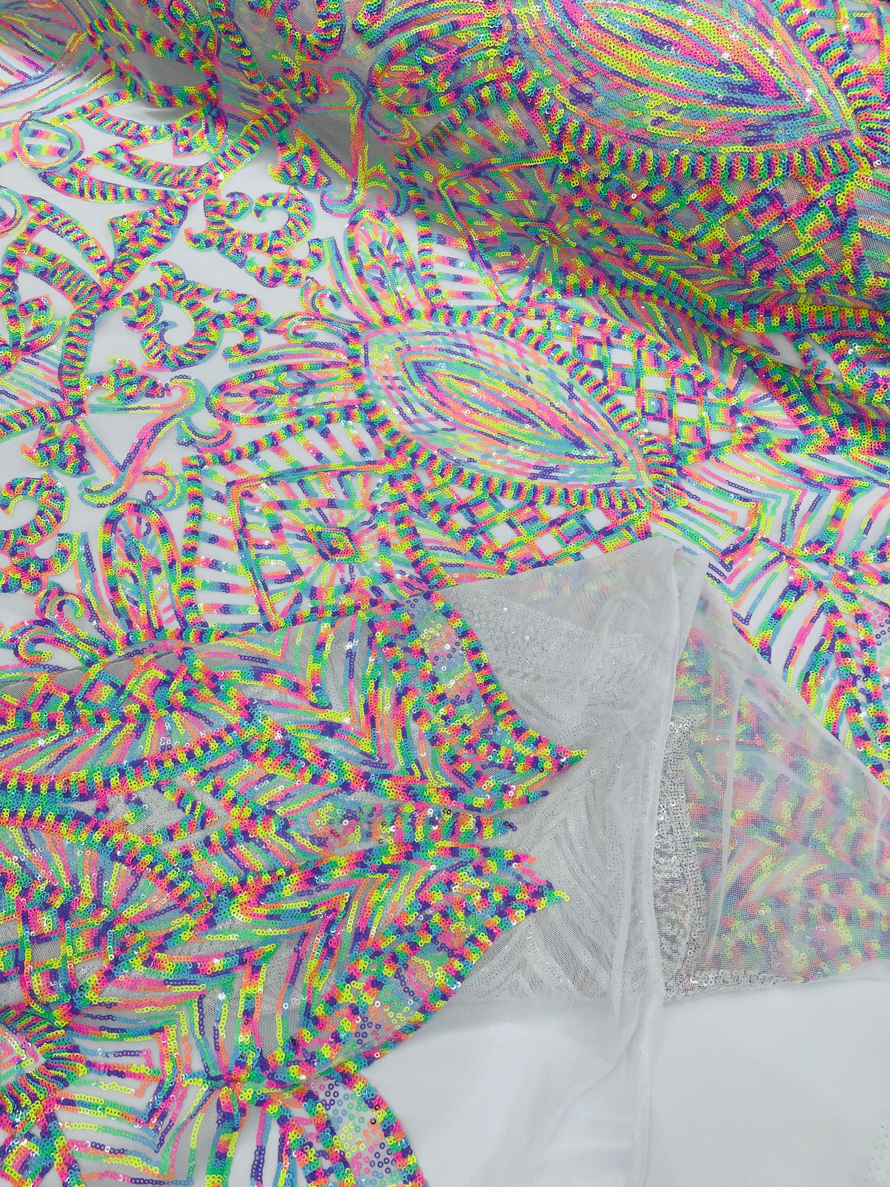 Multi Color Iridescent - White Mesh 4 Way Stretch Embroidered Royalty Sequins Design Fabric By Yard