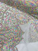 Multi Color Iridescent - White Mesh 4 Way Stretch Embroidered Royalty Sequins Design Fabric By Yard