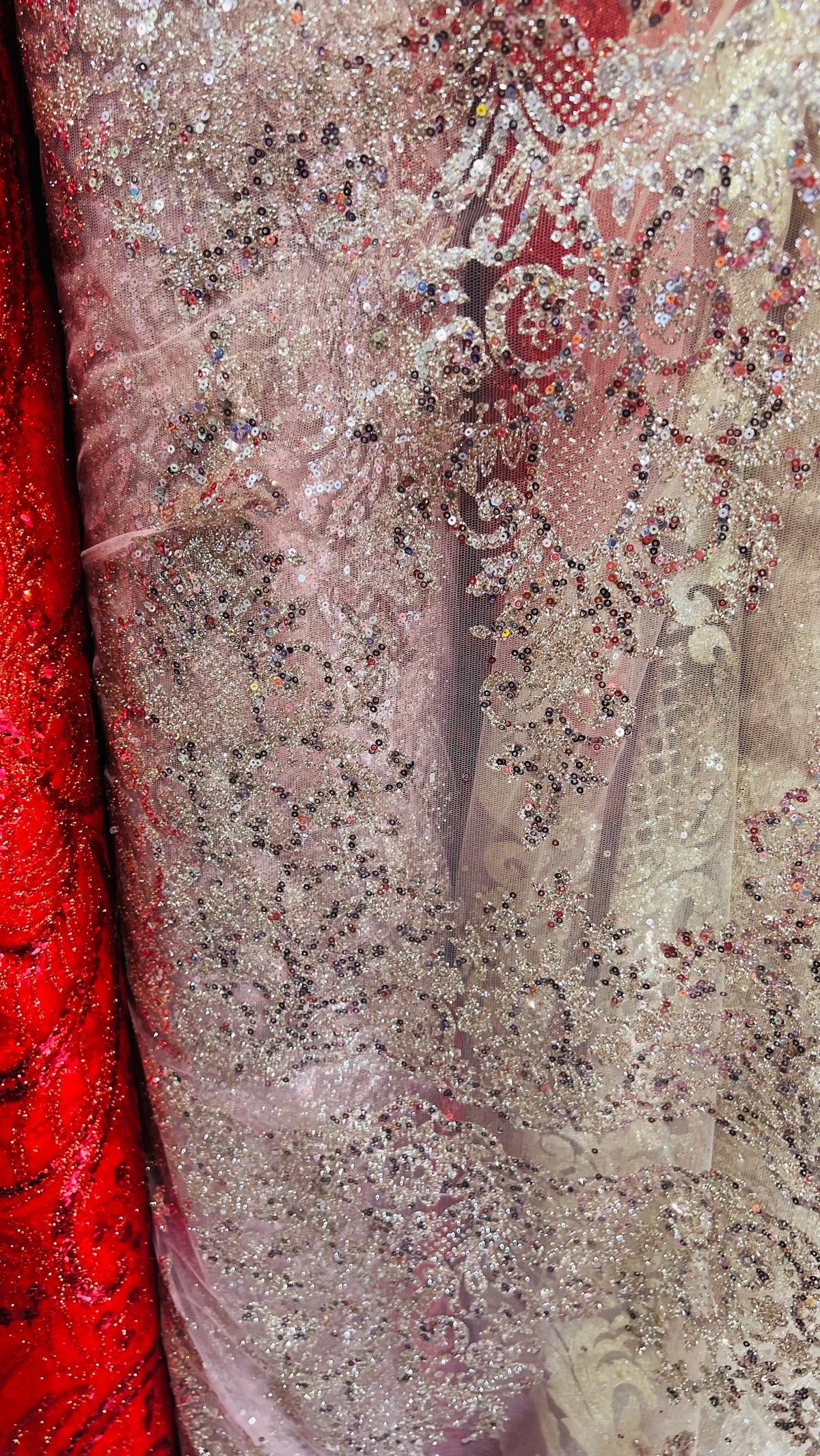 Rose Damask Glitter Fabric - Glitter Design Fabric on Mesh by Yard
