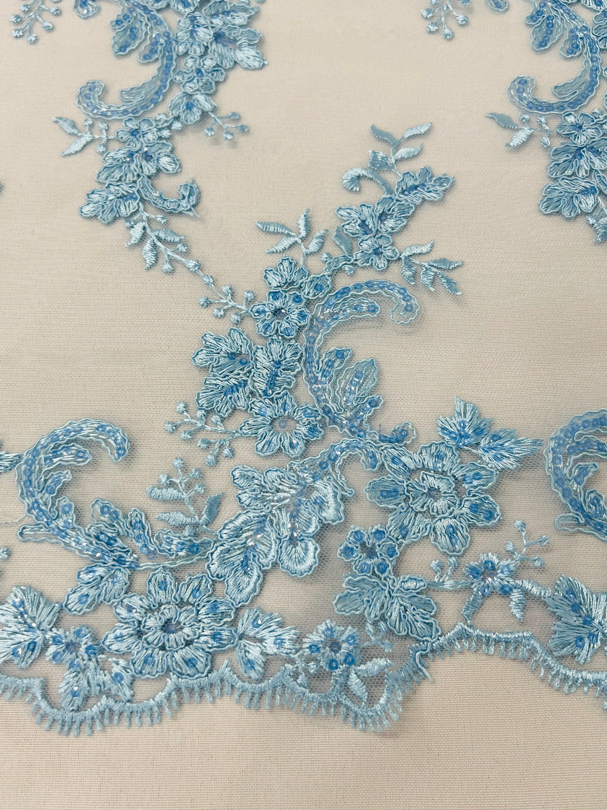 Blue Wedding Dress - French Sequin Flower Design On Mesh Lace Fabric Sold By Yard