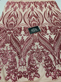 Big Damask Sequins Fabric - Dusty Rose - 4 Way Stretch Damask Sequins Design Fabric By Yard