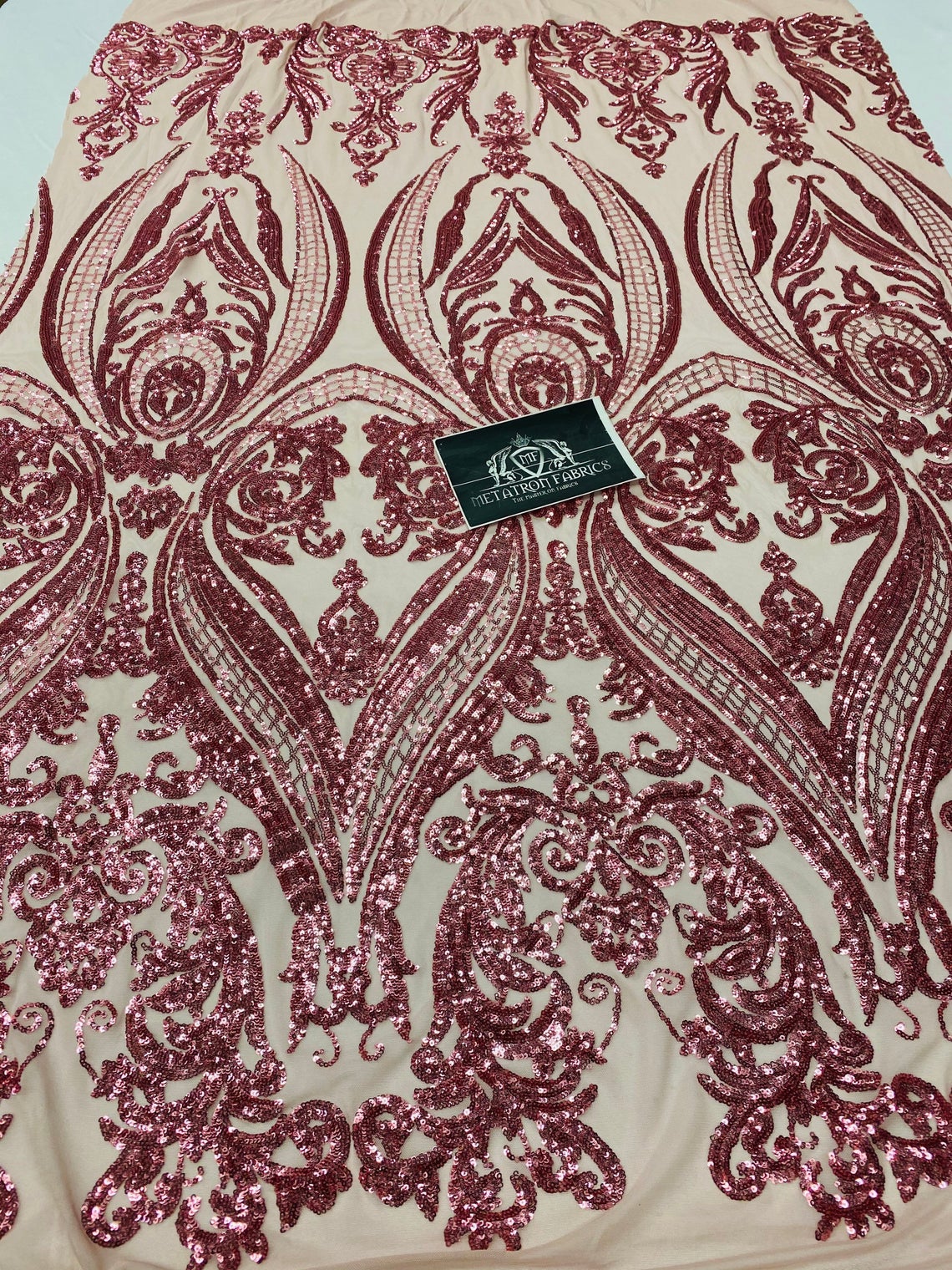 Big Damask Sequins Fabric - Dusty Rose - 4 Way Stretch Damask Sequins Design Fabric By Yard