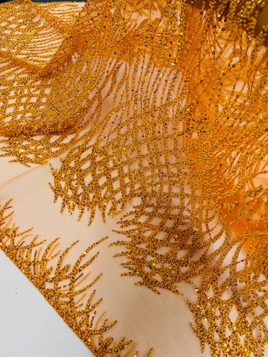 Heart & Feather Pattern Fabric - Orange - Embroidered Elegant Design with Beads Mesh Fabric Sold By Yard