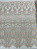 Multi Color Iridescent - White Mesh 4 Way Stretch Embroidered Royalty Sequins Design Fabric By Yard