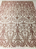 Glam Damask Beaded Fabric - Rose Gold - Embroidered Elegant Fashion Fabric with Beads on Mesh
