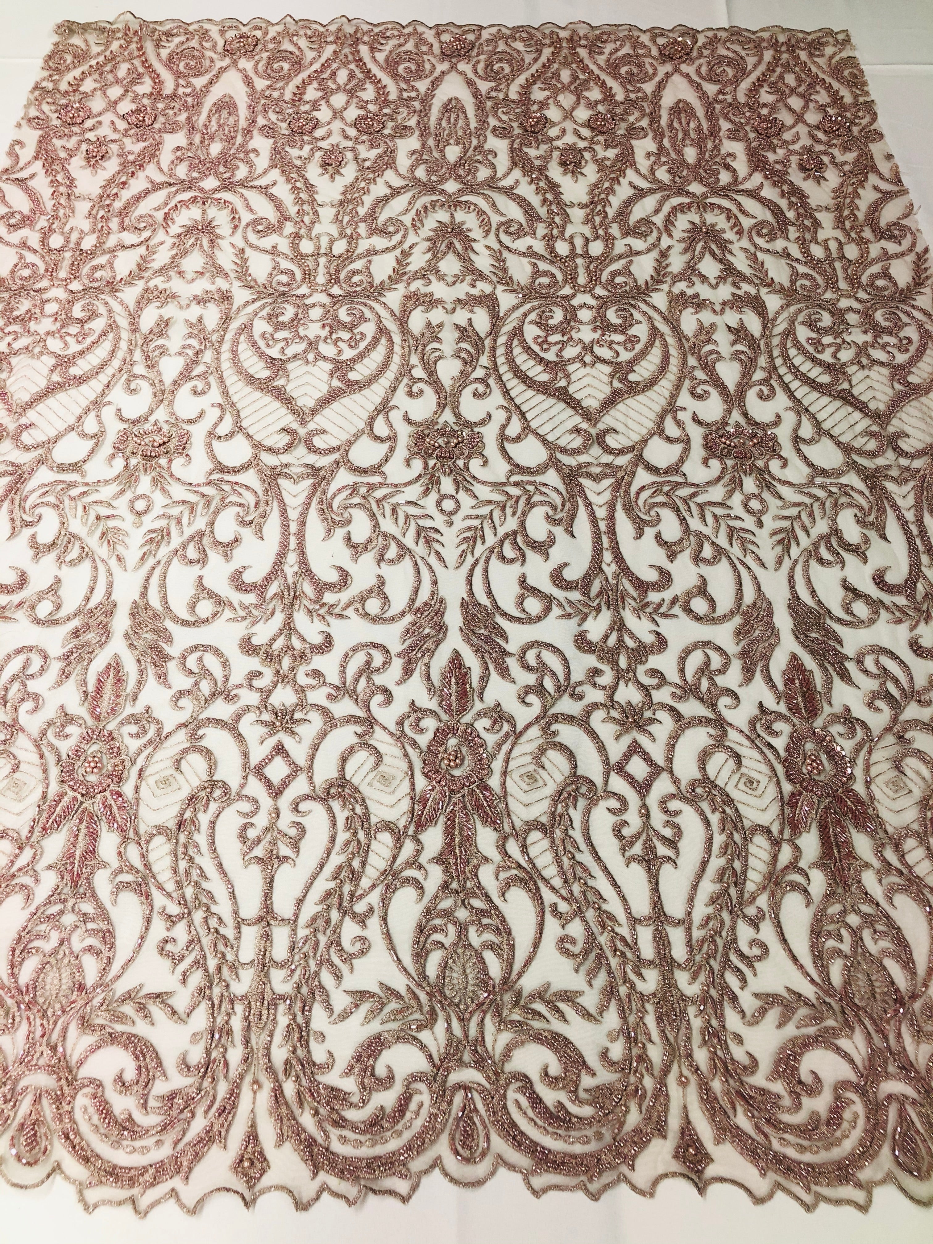 Glam Damask Beaded Fabric - Rose Gold - Embroidered Elegant Fashion Fabric with Beads on Mesh